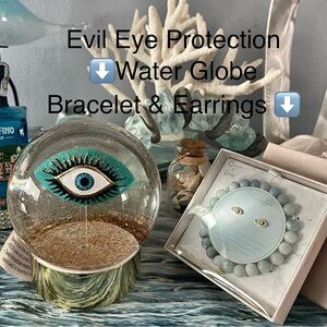 New 3Pc Evil Eye Protection Water Globe paired w/ Amazonia Bracelet & Earrings